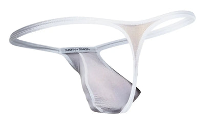 White mesh thong by justin simon xsjbu02 with sleek minimalist design and subtle silver trim
