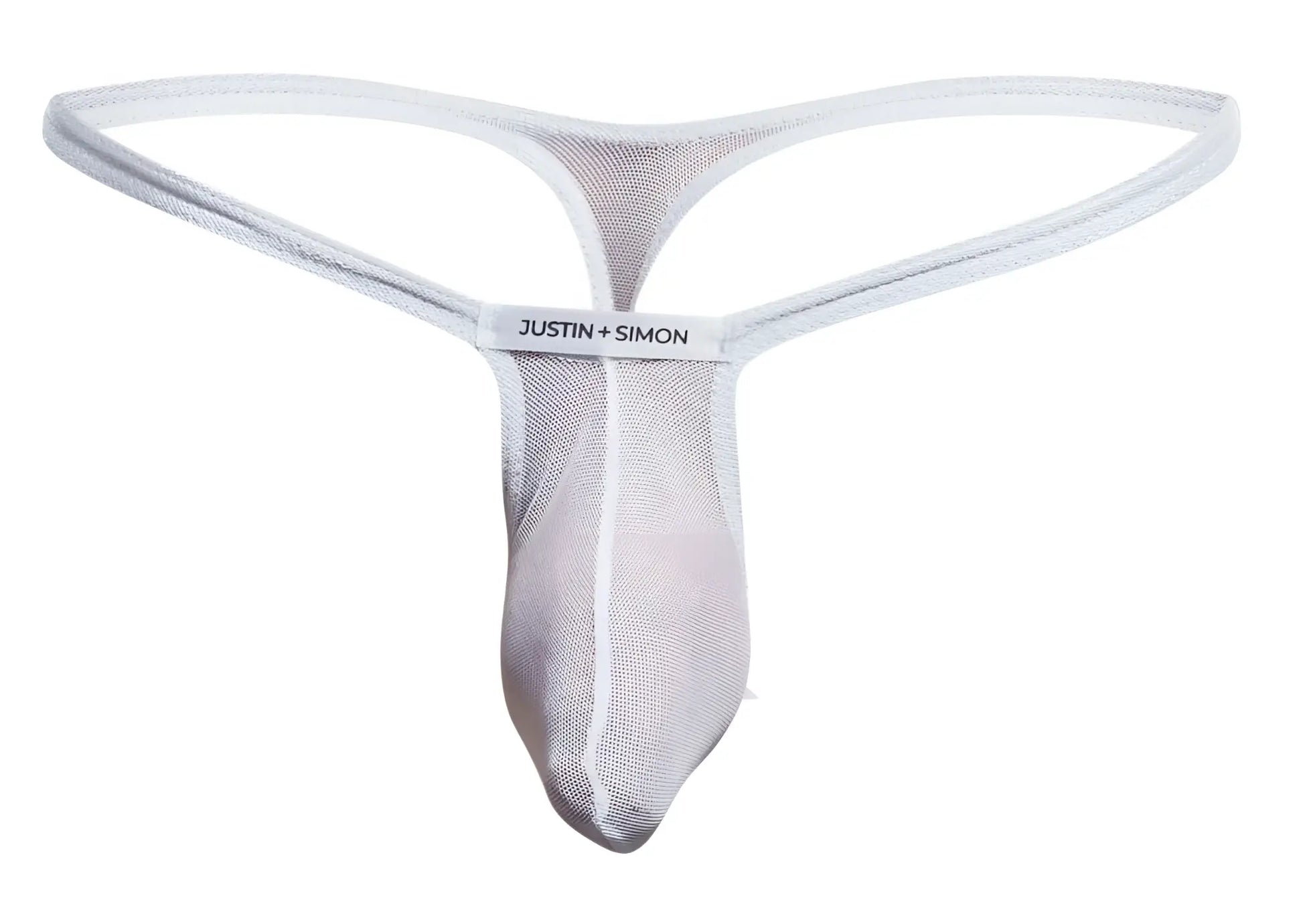 White mesh bulge thong with subtle sheen and justin simon brand label on waistband in xsjbu02 style