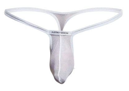 White mesh bulge thong with subtle sheen and justin simon brand label on waistband in xsjbu02 style