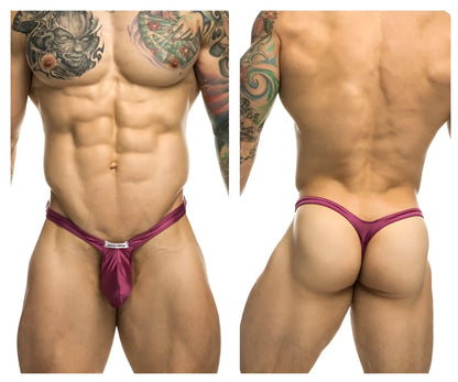Justin+Simon XSJBU02 bulge thong in wine color featuring vibrant magenta satin with a sleek metal clasp front design