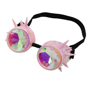 Pink iridescent kaleidoscope goggles with sharp spikes and rainbow-hued faceted lenses for festival wear