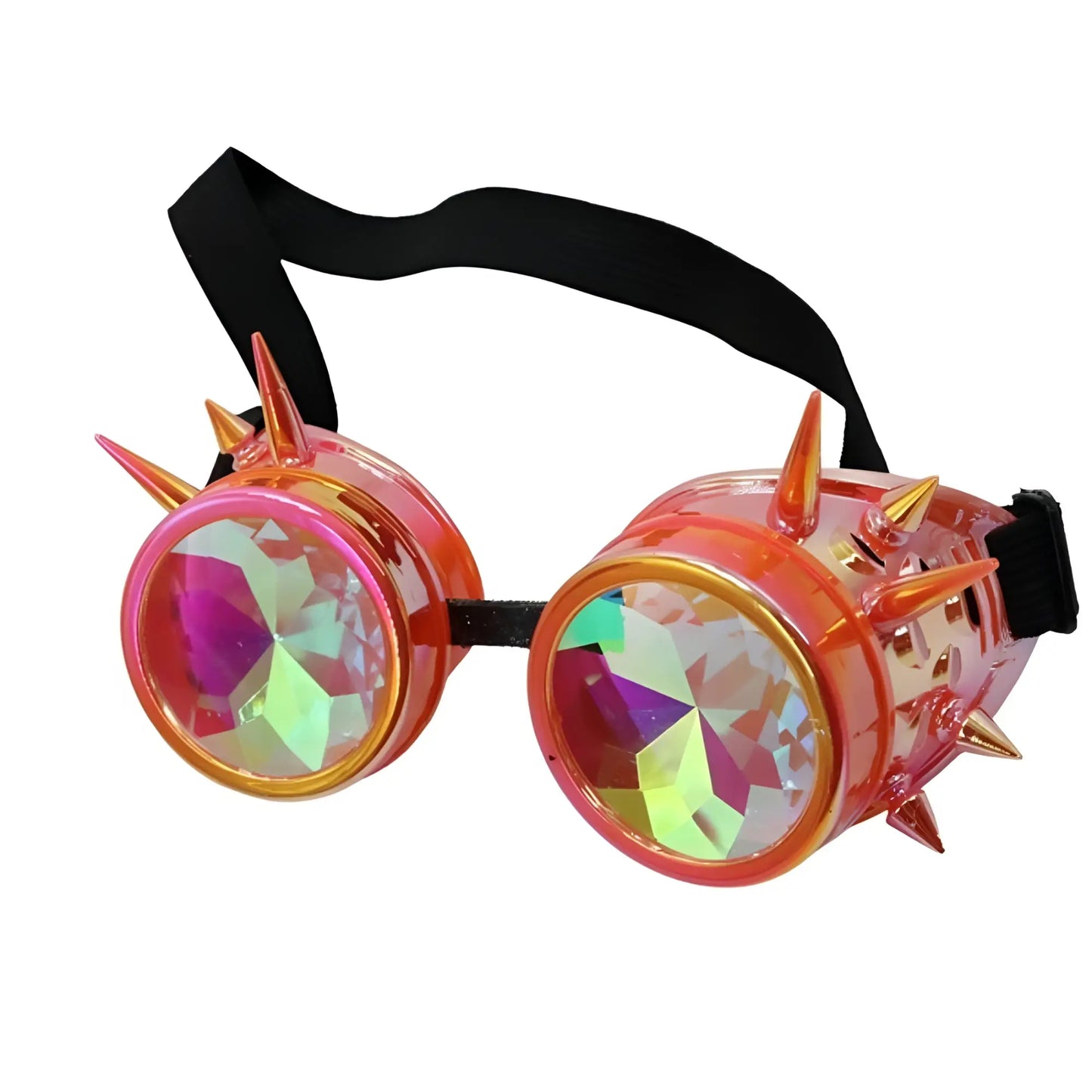 Vibrant pink and gold spiked steampunk kaleidoscope goggles with iridescent faceted lenses and metal accents