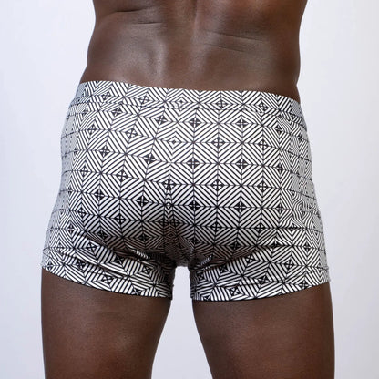Black and white geometric patterned kaleidoscope sq cut trunk boxer briefs with modern angular design