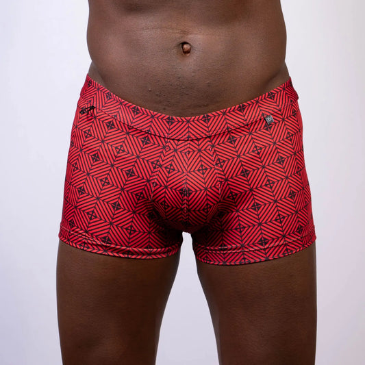 Red patterned kaleidoscope sq cut trunk boxer briefs with black geometric design for comfortable daily wear