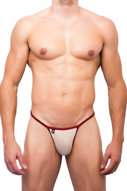 Beige and red joe snyder kini thong with a small black logo on the front in a sleek minimal design