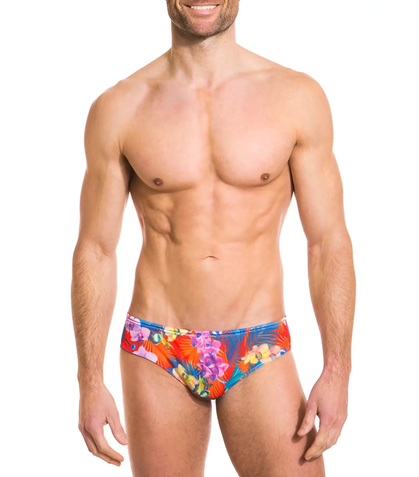 Kiniki continental tan through deep waist bikini swimwear in size S with vibrant tropical floral print swim trunks in red blue and purple