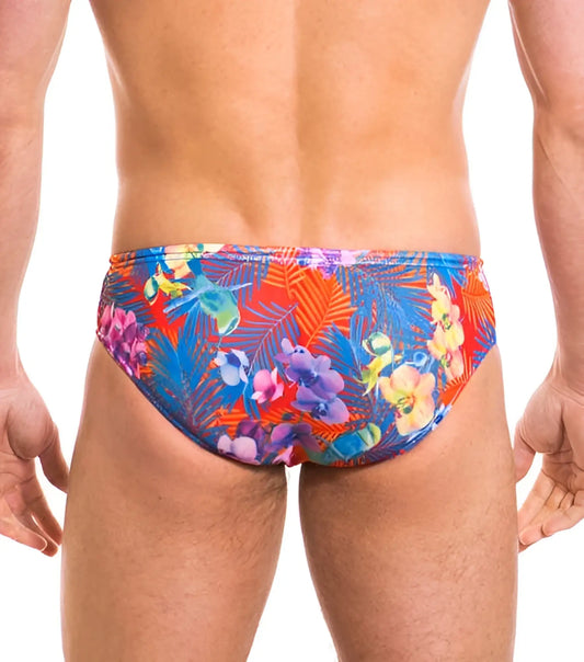 Kiniki continental tan through deep waist bikini swimwear in size s with vibrant tropical floral pattern in red blue purple