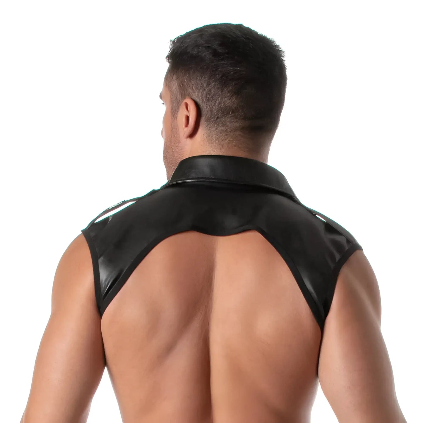 Black faux leather sleeveless vest with a kinky collar and cutout back design shown from the back side
