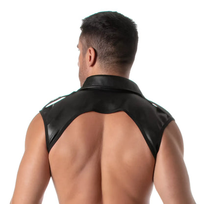 Black faux leather sleeveless vest with a kinky collar and cutout back design shown from the back side