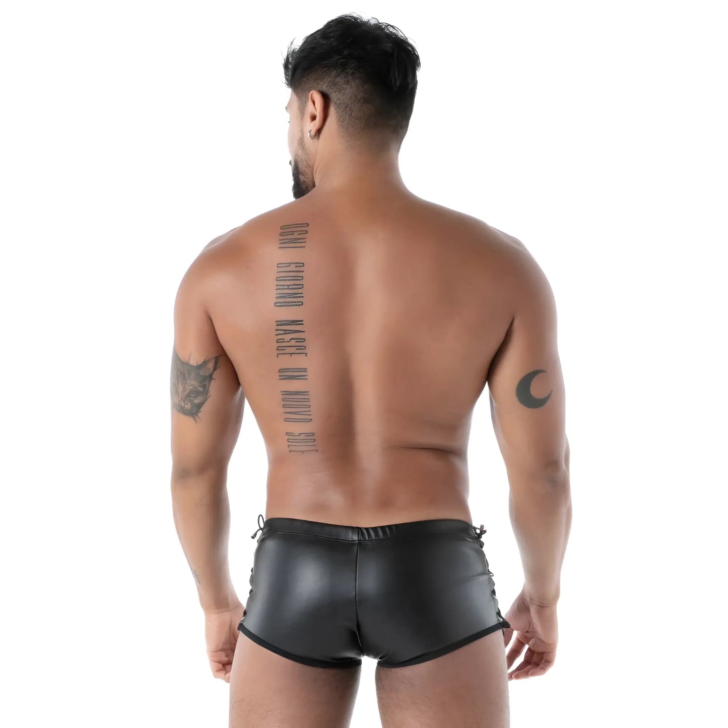 Black faux leather kinky laced trunk briefs with side ties and a sleek form-fitting design