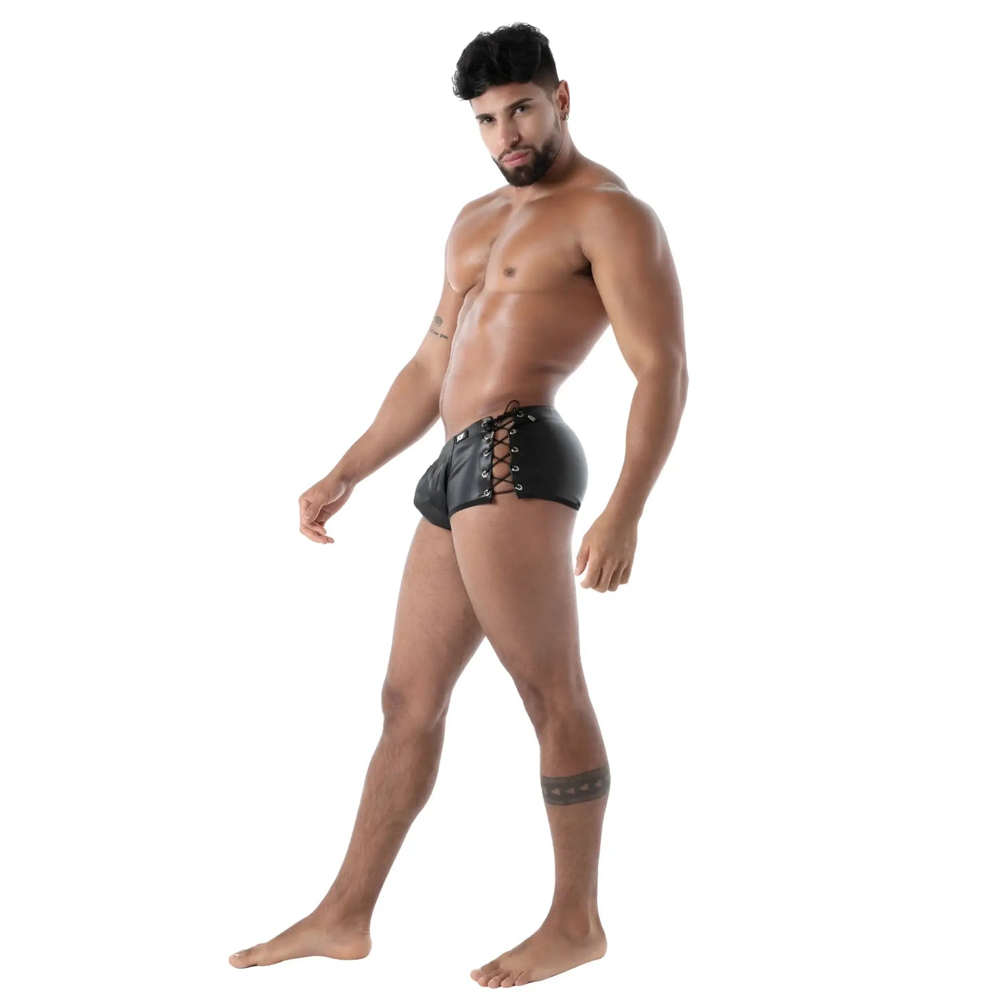 Black leather briefs with lace-up front detail from the kinky laced trunk collection for edgy style