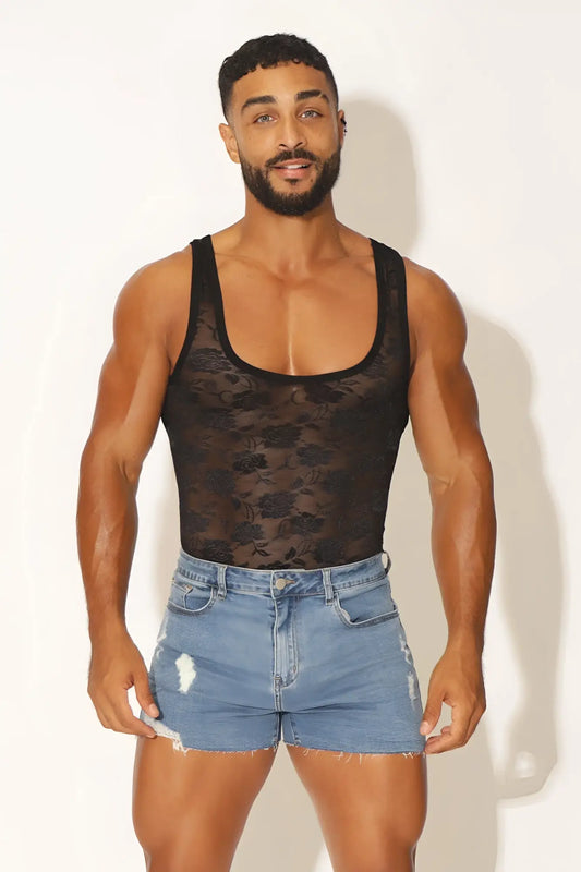 Black lace tank top with floral pattern from the kiss-it-better lace bodysuit collection