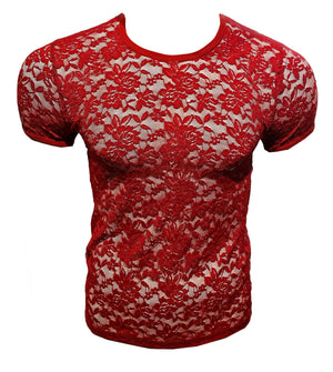 Red floral lace t-shirt with short sleeves and a rounded neckline.