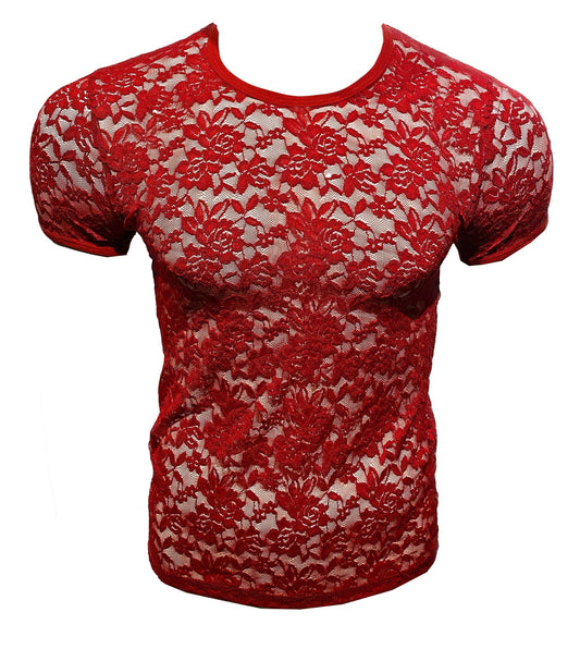 Red floral lace t-shirt with short sleeves and a rounded neckline.