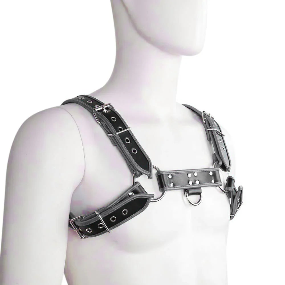 A black and grey contrast-trim harness on a white mannequin torso.