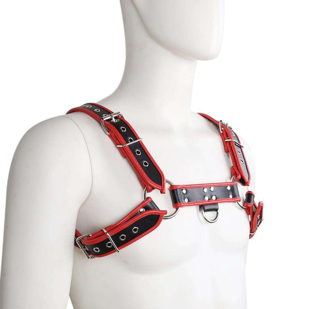Black harness with red trim, silver buckles, and a center D-ring on a mannequin.