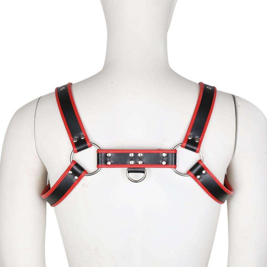 Black and red contrast trim leather harness with metal rings and rivets worn on a mannequin torso, back view.
