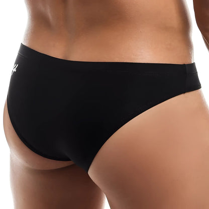 Black kyle kli026 slant bikini briefs with a subtle white logo on the waistband in front view