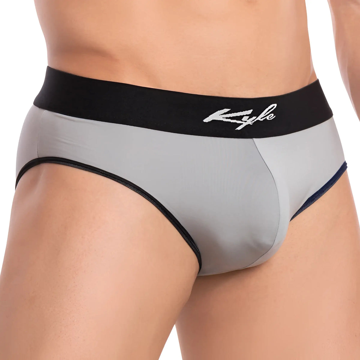 Gray Kyle KLI033 bikini briefs with black waistband and navy trim designed for comfortable everyday wear