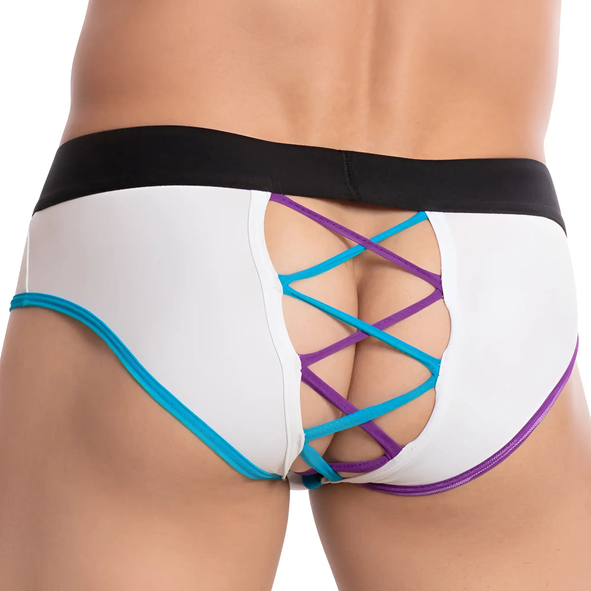 Back view of kyle kli033 bikini brief white with a black waistband and turquoise purple crisscross straps
