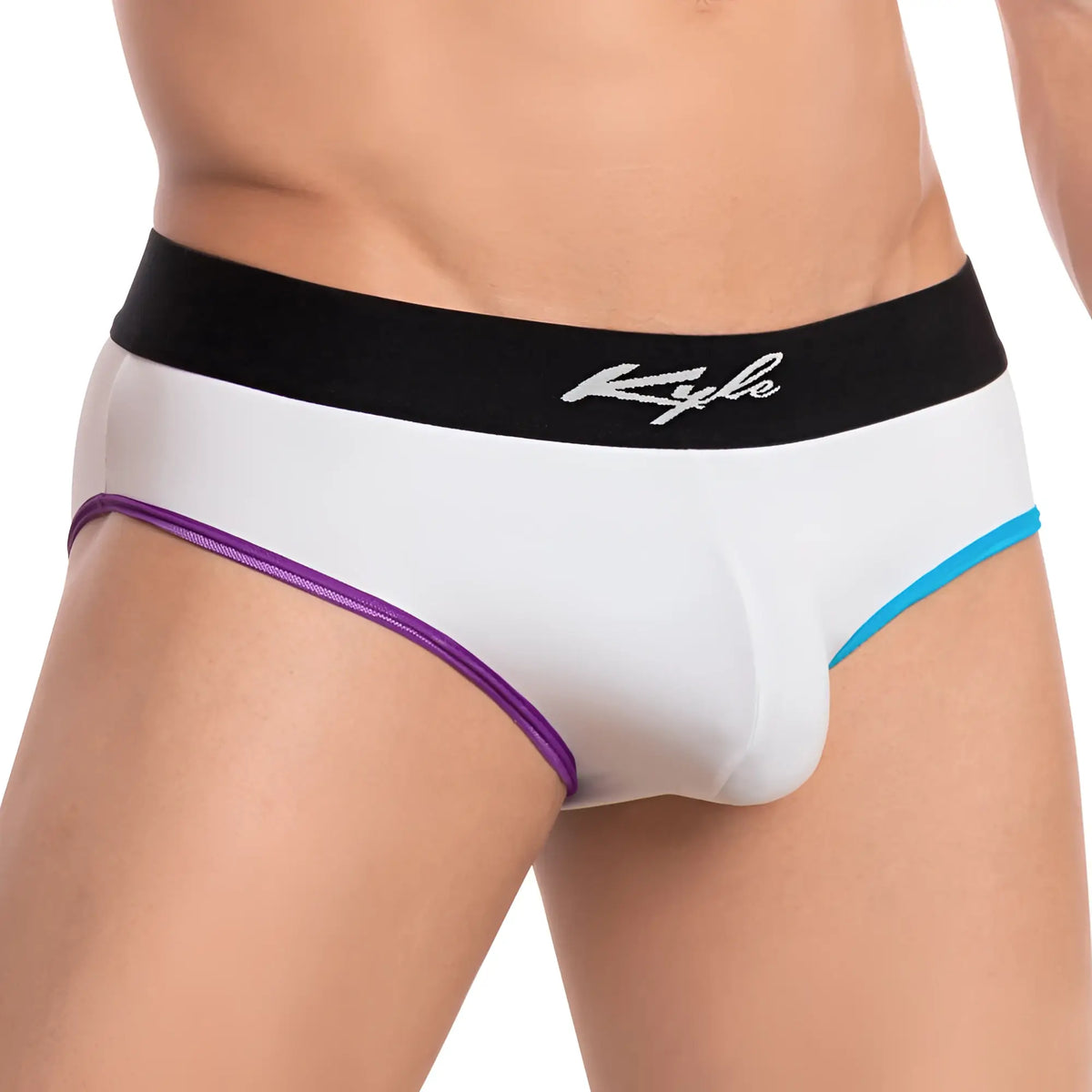 White kyle kli033 bikini briefs with black waistband logo and purple blue trim for men in soft breathable fabric