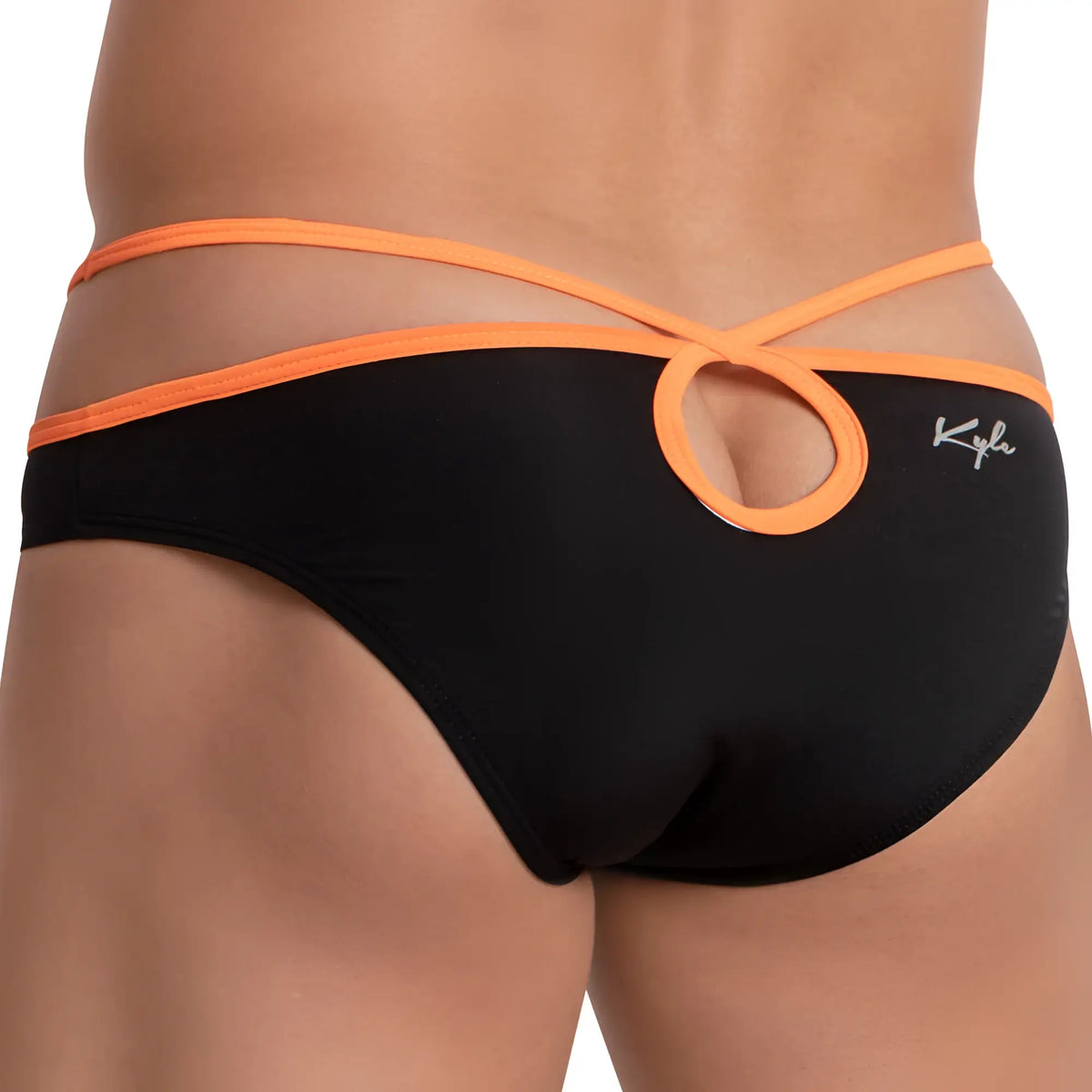 Black kyla swim trunks with vibrant orange elastic bands and circular cutout on the back for swimwear use