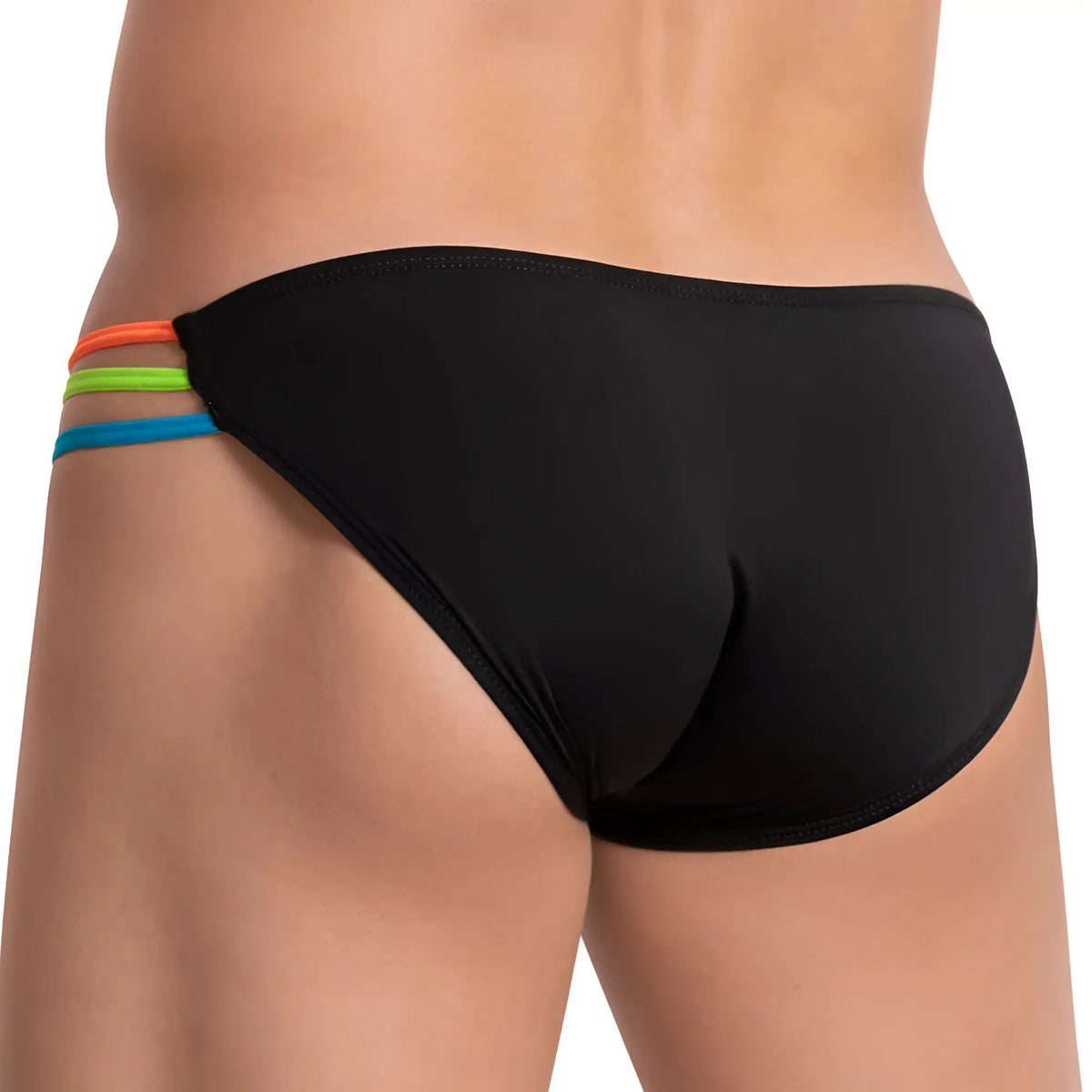Kyle KLI036 bikini brief black swim trunks with colorful orange green and blue elastic side bands
