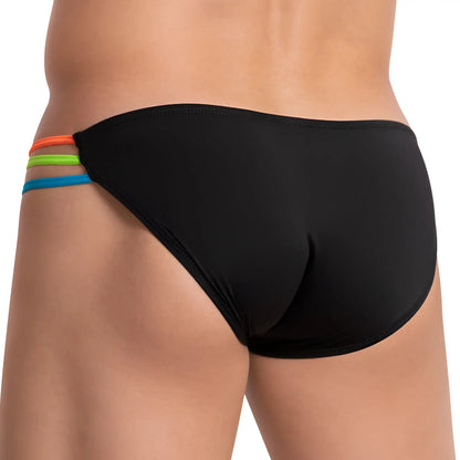 Kyle KLI036 bikini brief black swim trunks with colorful orange green and blue elastic side bands
