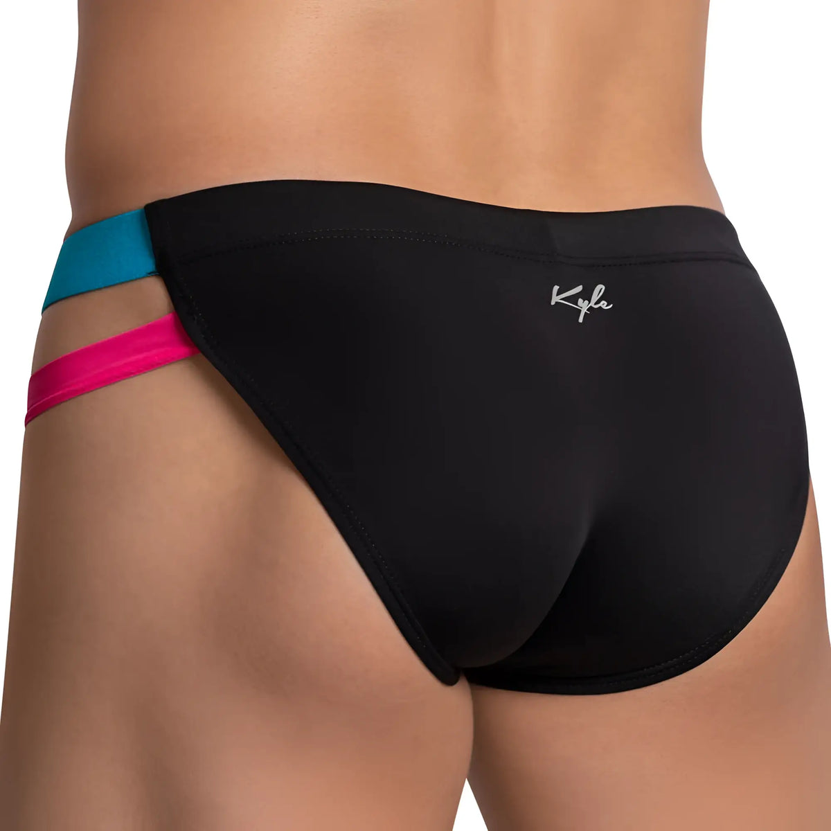 Black kyla brand swim trunks kli039 bikini brief with vibrant teal and pink side stripes for swimwear use