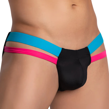 Black kyle kli039 bikini brief thong with contrasting turquoise and hot pink elastic bands shown from the back