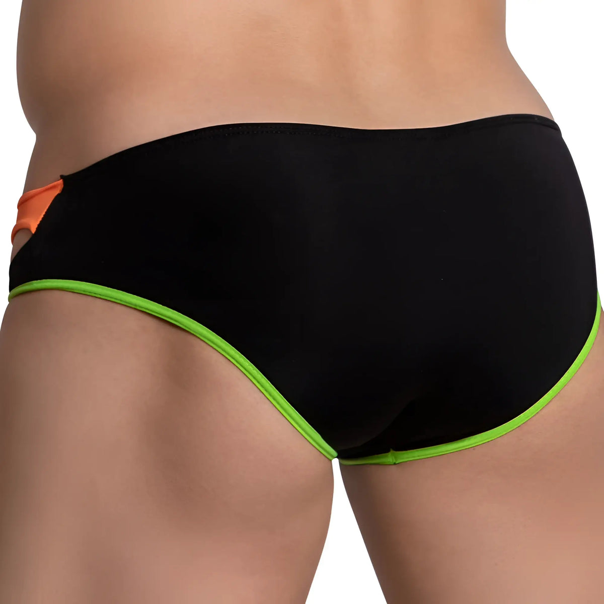 Kyle kli041 bikini brief black swim trunks with neon green trim and orange side accent shown from the back