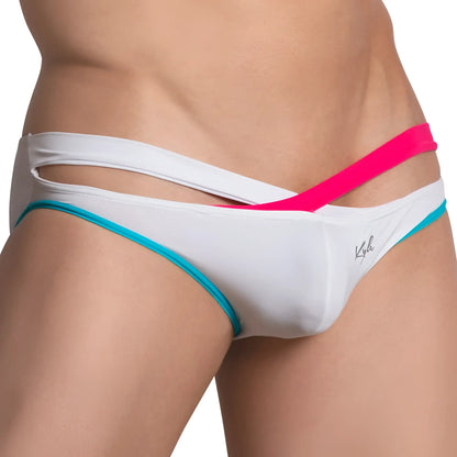 White kyle kli041 bikini brief with vibrant pink and teal trim and a distinctive cutout design
