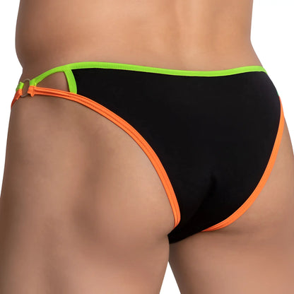 Black kyle kli042 bikini brief swim trunks with neon green and orange trim designed for swimming and beachwear