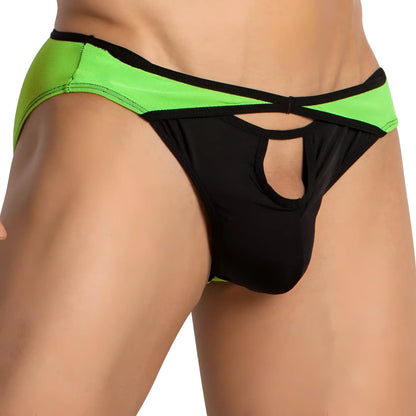 Back view of Kyle KLI043 bikini brief in black and neon green featuring athletic fabric and a crisscross design