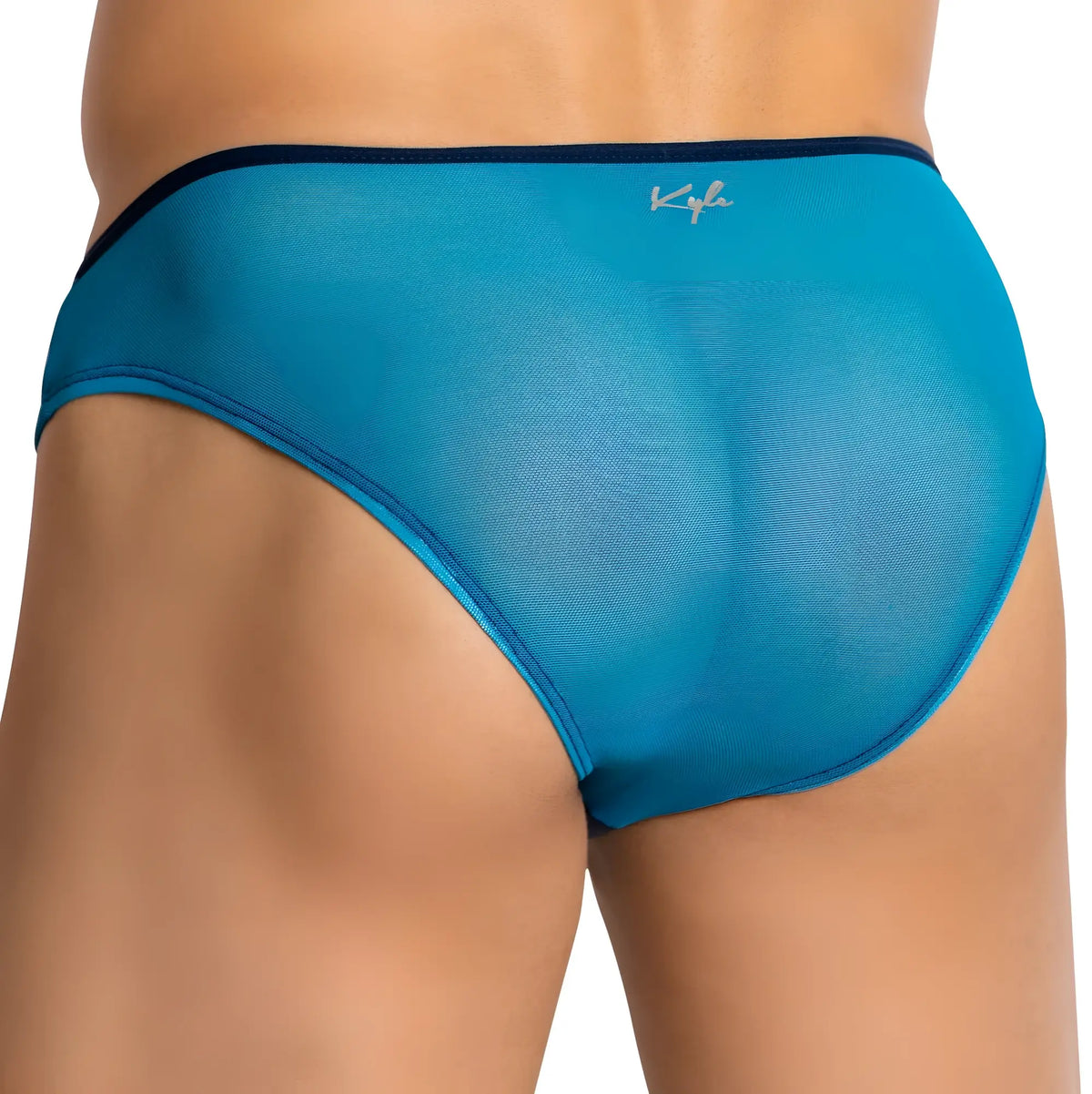 Kyle kli043 bikini brief in blue mesh with dark blue waistband and kyle embroidered in white on the front