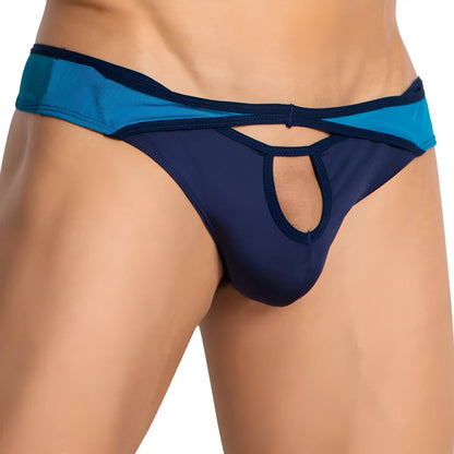 Kyle KLI043 bikini brief navy blue and teal mesh thong with cutout design showing front side