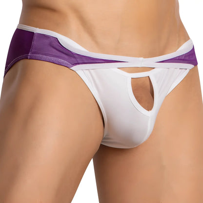 Kyle KLI043 bikini brief white and purple thong with mesh panel white elastic waistband and cutout design shown from the back