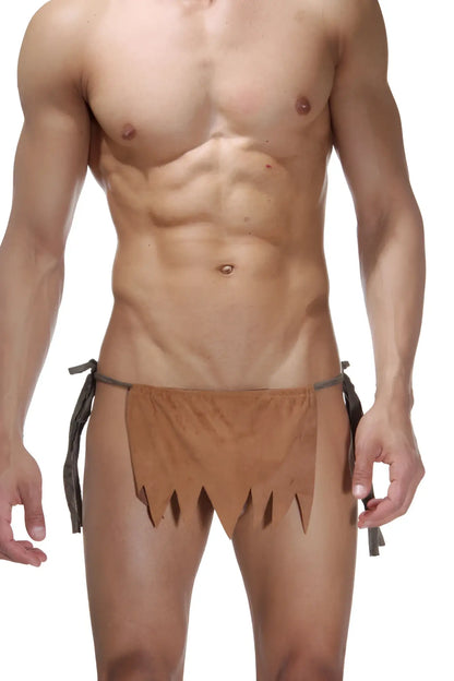 Brown fabric loincloth with frayed edges and black ties lablinque caveman tie side underwear camel size l front view