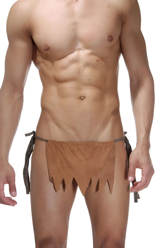 Brown fabric loincloth with frayed edges and black ties lablinque caveman tie side underwear camel size l front view