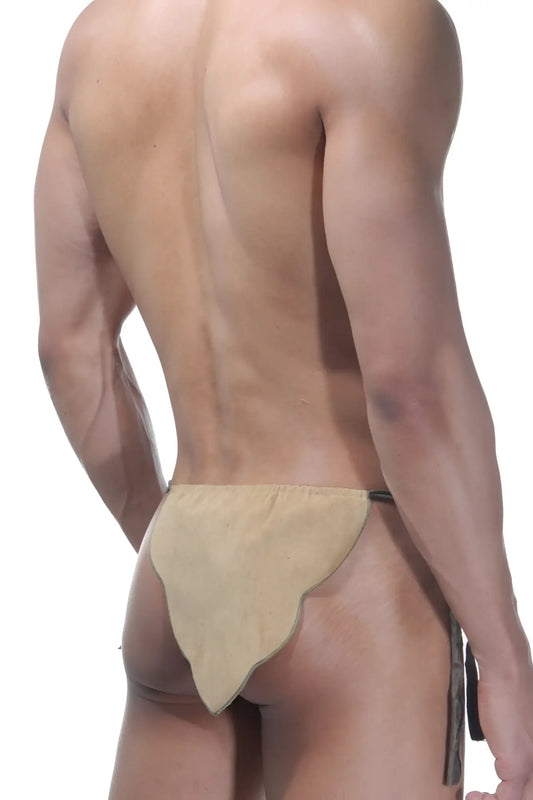 Tan suede-like fabric briefs with scalloped edge and dark trim lablinque tarzan tie side loincloth underwear camel size s