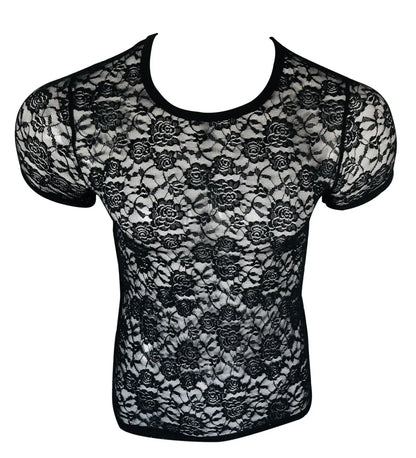 Black lace tee with floral pattern and short sleeves made of delicate lace fabric for stylish casual wear