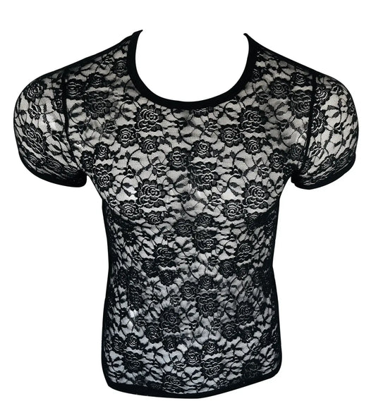 Black lace tee with floral pattern and short sleeves made of delicate lace fabric for stylish casual wear