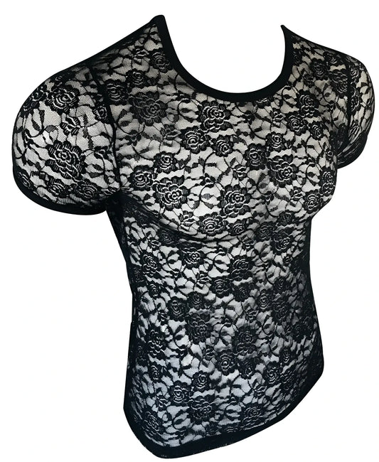 Black floral lace tee with short sleeves and rounded neckline perfect for stylish casual wear