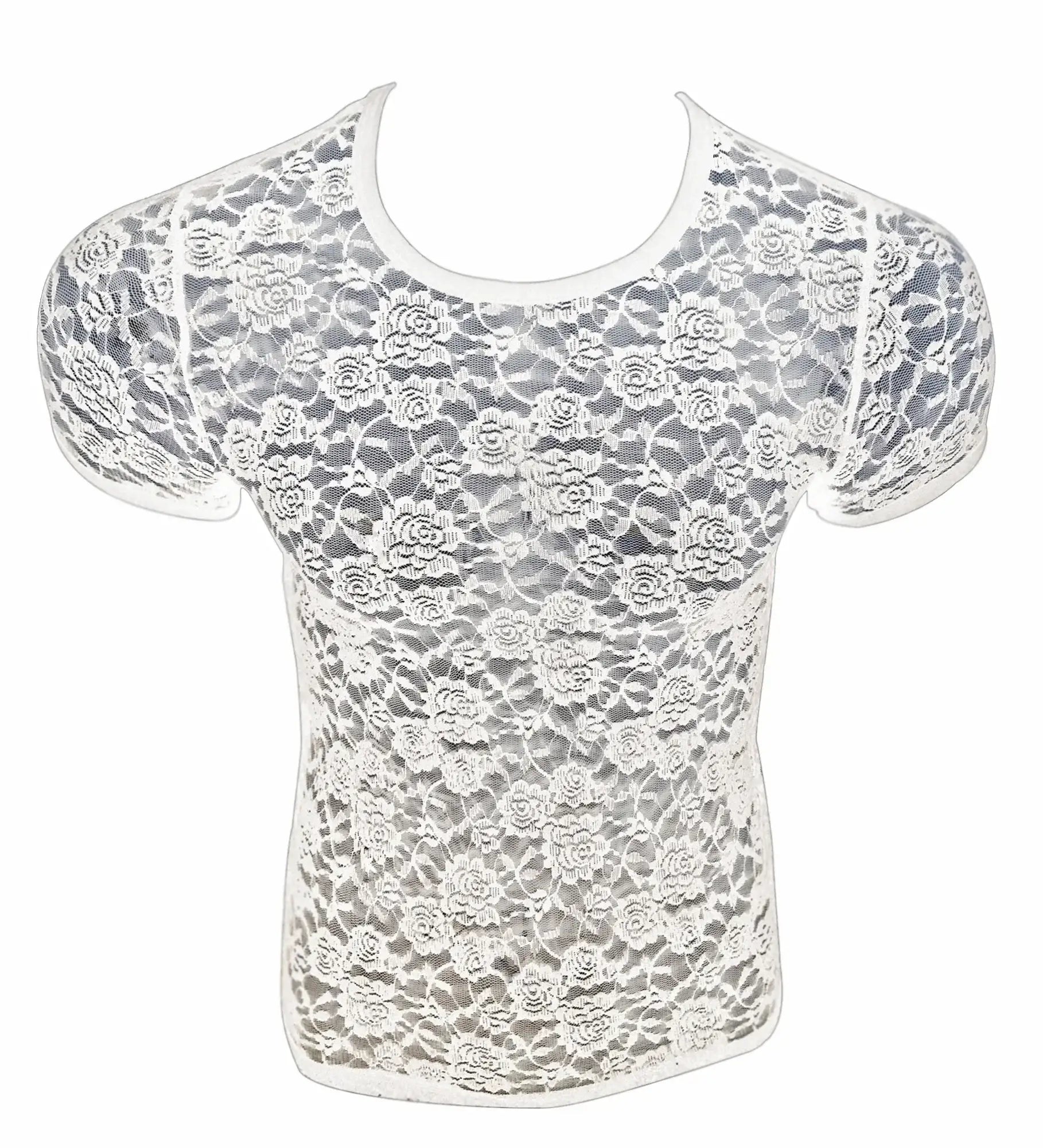 White floral lace short-sleeved top with round neckline in breathable lace tee perfect for casual wear