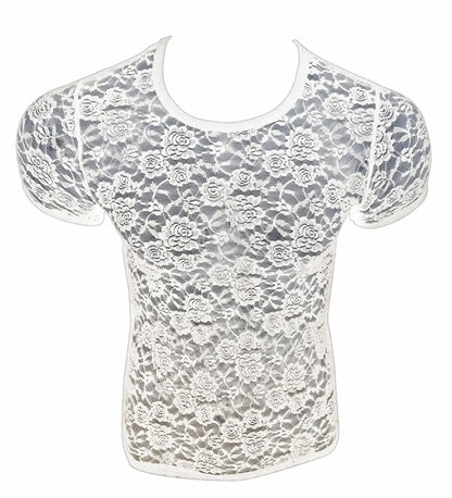 White floral lace short-sleeved top with round neckline in breathable lace tee perfect for casual wear