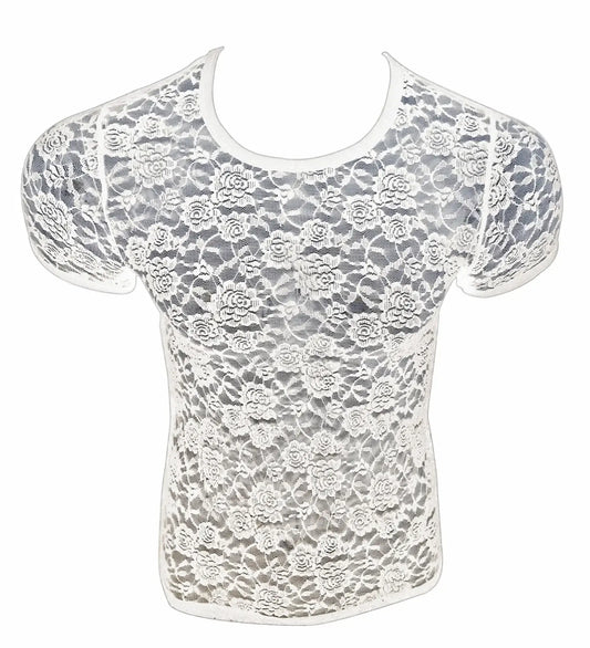 White floral lace short-sleeved top with round neckline in breathable lace tee perfect for casual wear