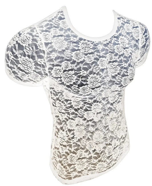 White floral lace tee with short sleeves and a rounded neckline perfect for casual wear