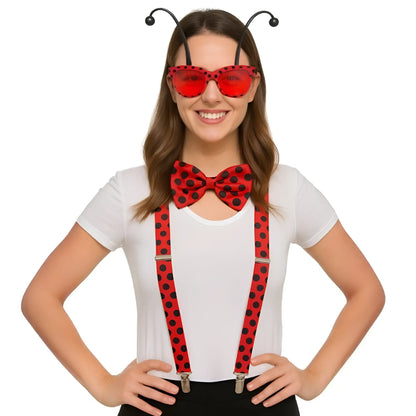 Red polka-dot bow tie with black spots from ladybug dress-up kit for costume and party use