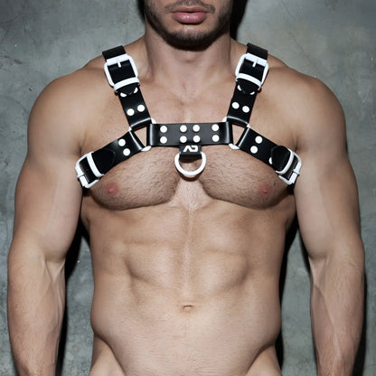 Black leather color harness with white polka dots and silver toned metal hardware accessory