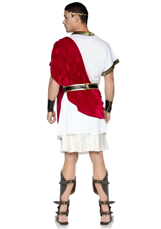 Leg avenue roman emperor caesar costume xl featuring red velvet toga over white tunic with gold trim black leather sandals and arm guards